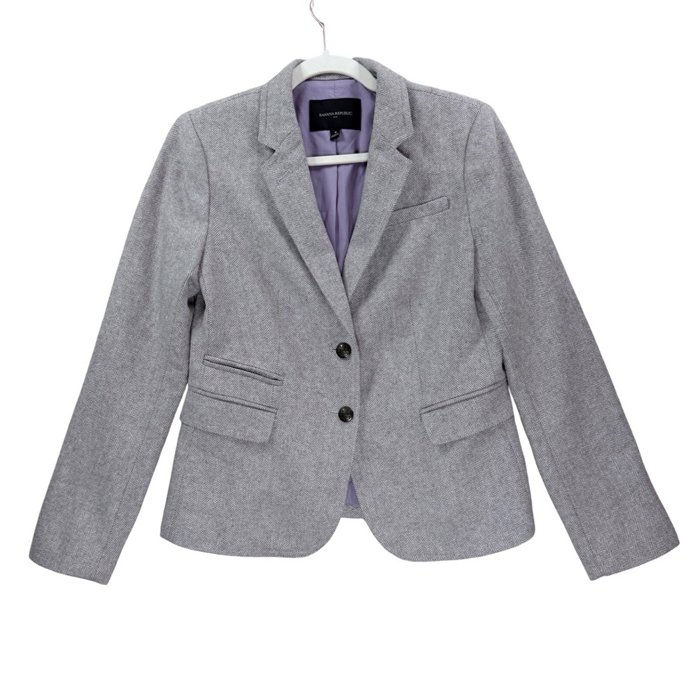 Womens 4 Banana Republic Blazer Wool Blend Grey Herringbone Purple Lining Preppy